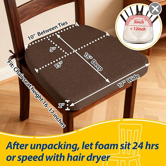 AAAAAcessories D-Shaped Chair Cushions, 2" Thick Dining Chair Pads with Ties and Removable, Machine-Washable Cover, 17" x 16", Set of 6, Brown