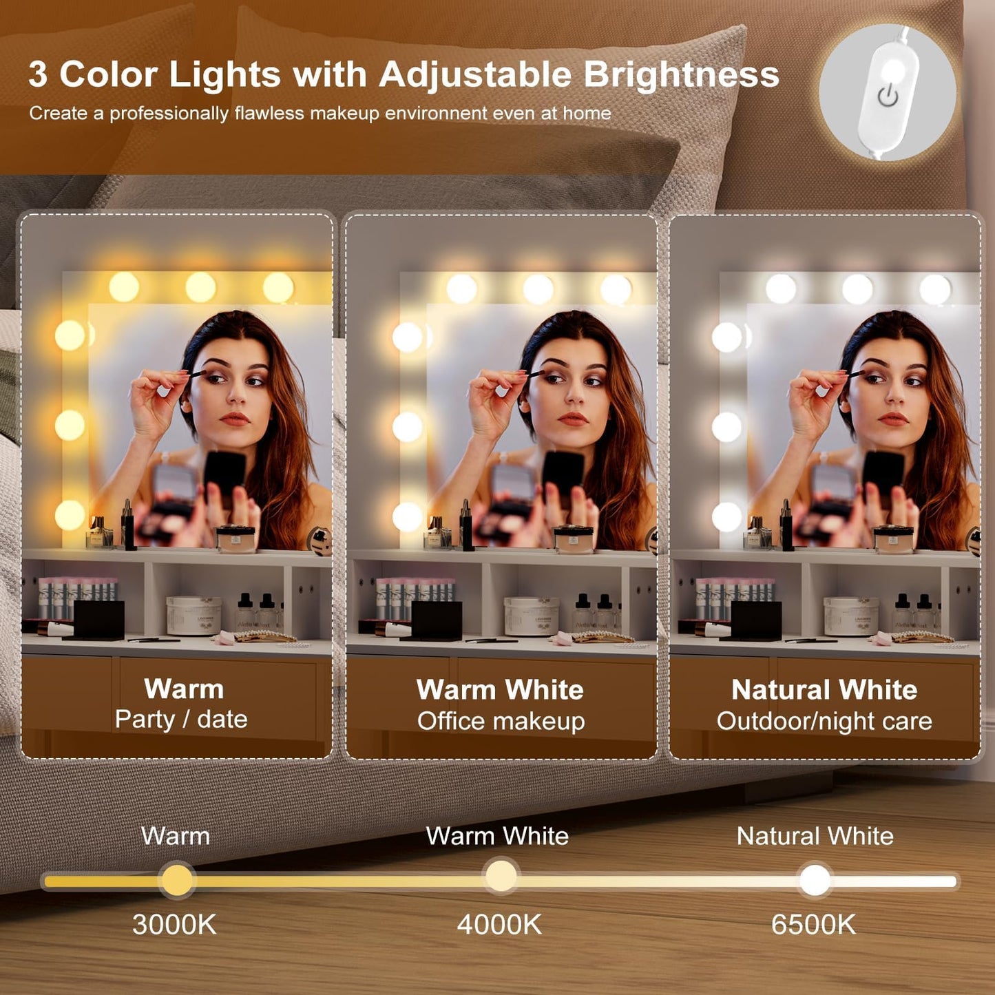 HedoAjim Small Vanity Desk with Lights and Mirror,3 Lighting Colors with Adjustable Brightness, Makeup Dressing Table with 2 Drawers for Women Girls in Bedroom,Wooden & Iron Frame (Gold)