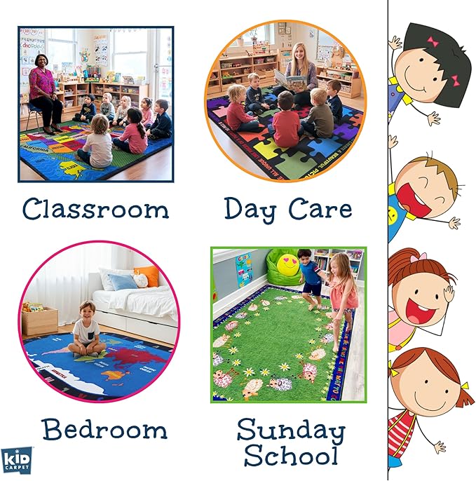 KIDCARPET.COM Black and White Squares Classroom Seating Rug 7'6" x 12' Rectangle, Educational Classroom Rug, Kids Learning Play Mat | Area Rug for Bedroom or Playroom
