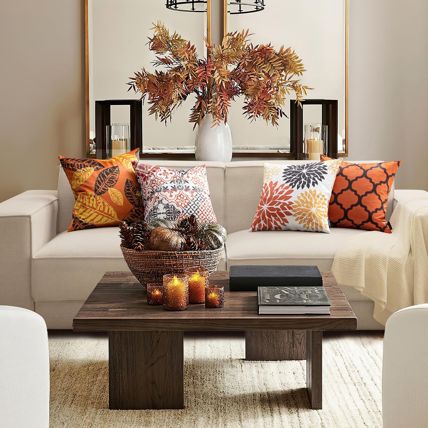 Phantoscope Set of 4 New Living Series Halloween Velvet Pillows Leaf Geometric Throw Decorative Fall Velvet Pillow Cover Cushion Cover, Orange and Black 18 x 18 inches 45 x 45 cm