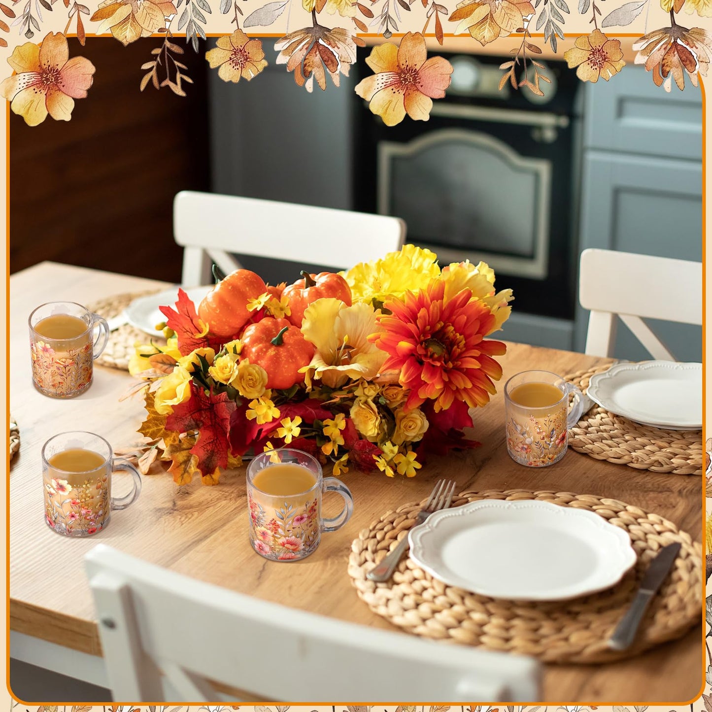 Tioncy 4 Pcs Fall Floral Coffee Mugs 12 oz Flower Glass Cups with Handle Thanksgiving Floral Coffee Cup Autumn Mug Sweet Fall Gifts Drinking Containers for Harvest Holiday Party (Wildflower)