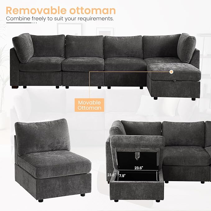 TEKAMON 123" Modular Sectional Sofa,Extra Large Comfy Cloud Deep Seat, Reversible Chaise Modular Sectional Couches for Living Room and Apartmenr,Grey 4steaer