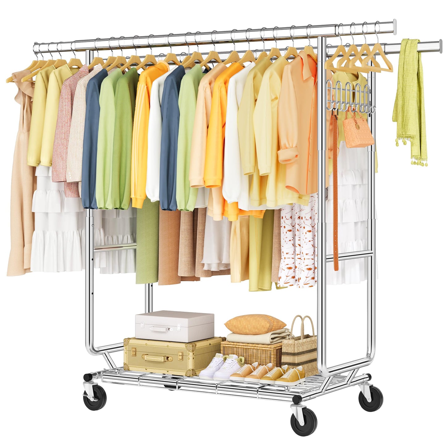 Hoctieon 2-Minute Assembly Double Rod Clothes Rack, Heavy Duty Rolling Clothing Racks with Wheels, Foldable Commercial Garment Rack, Extendable Hanging Bar, Adjustable Metal Pole with Hooks, Chrome