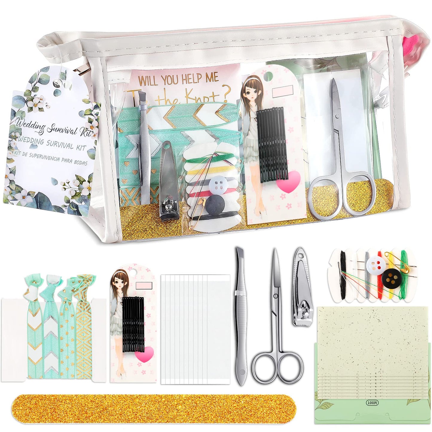 132 Pieces Wedding Survival Kit Bridal Mini Emergency Kit Bridal Party Proposal Gifts for Women with Makeup Bags Floral Wedding