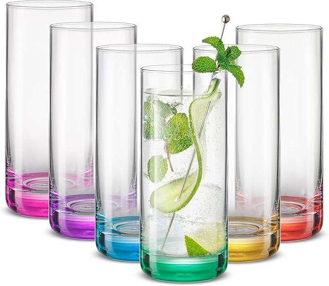JoyJolt Hue Highball Glasses Set of 6 Tall Drinking Glasses, 13oz Bourbon Whiskey Glass Cups Set, Mojito Glass Tumbler als...