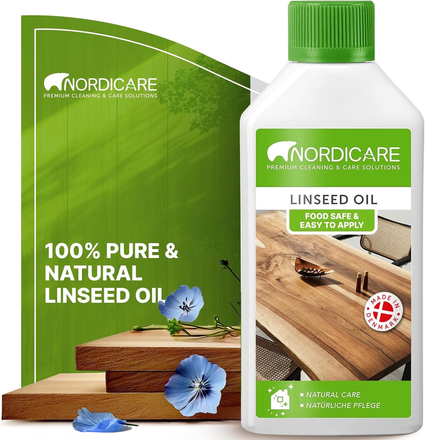 Nordicare Linseed Oil for Wood - 100% Pure & Natural Linseed Oil for Entire Indoor Area - Food-Safe Raw Linseed Oil for Wood Furniture - Underlines the Original Wood Structure - Made in Denmark 16.9oz