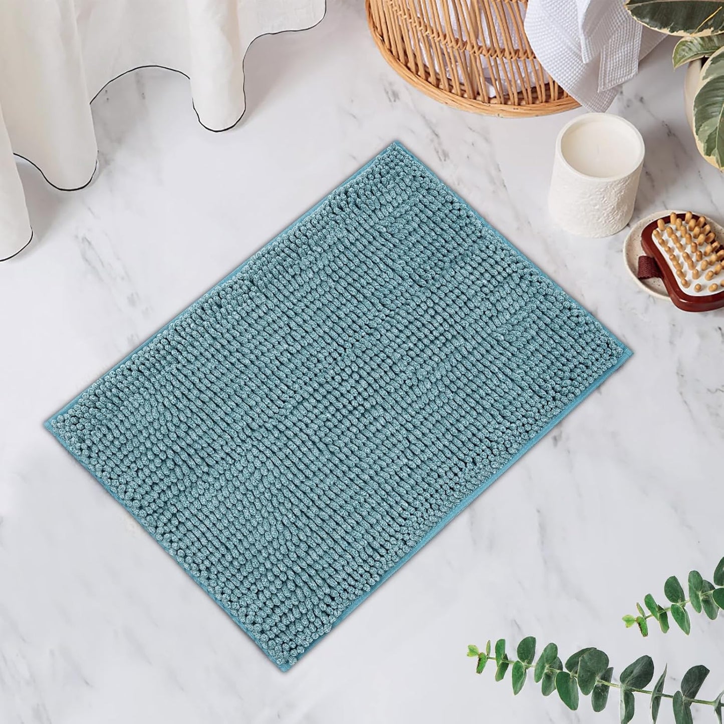 FRESHMINT Chenille Bathroom Rugs Mat 24"x17", Non-Slip Bath Mat for Bathroom Floor & Bathtub, Washable Shower Shag Bath Rugs, Soft Fluffy Thick Water Absorbent Microfiber Shower Mat, Aqua Heather