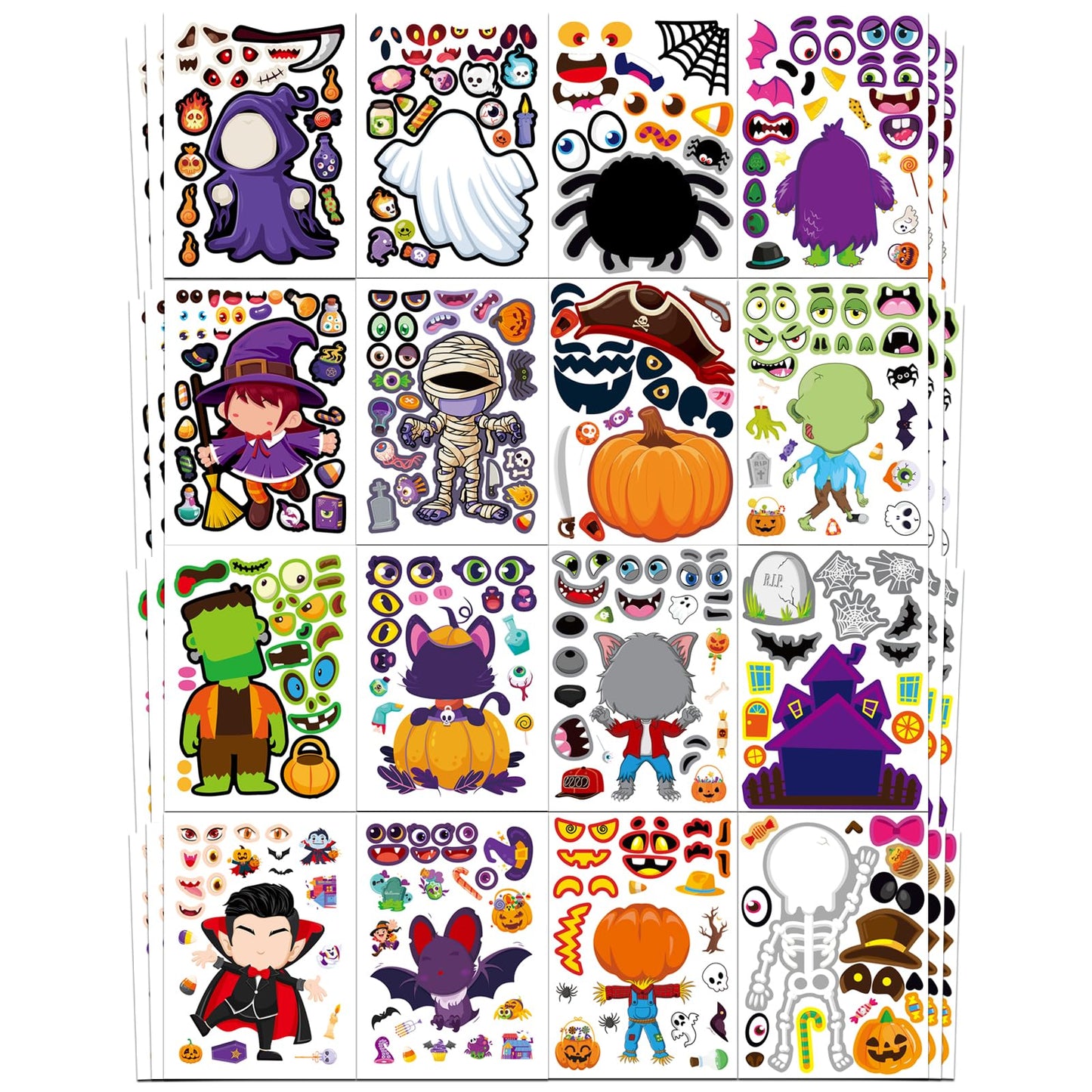 Aowplc 48 Halloween Make-a-Face Sticker Sheets for Kids - 16 Unique Designs, Mix & Match for Party Favors, Crafts, Goodie Bags Stuffers, Classroom Activities, and Holiday Games