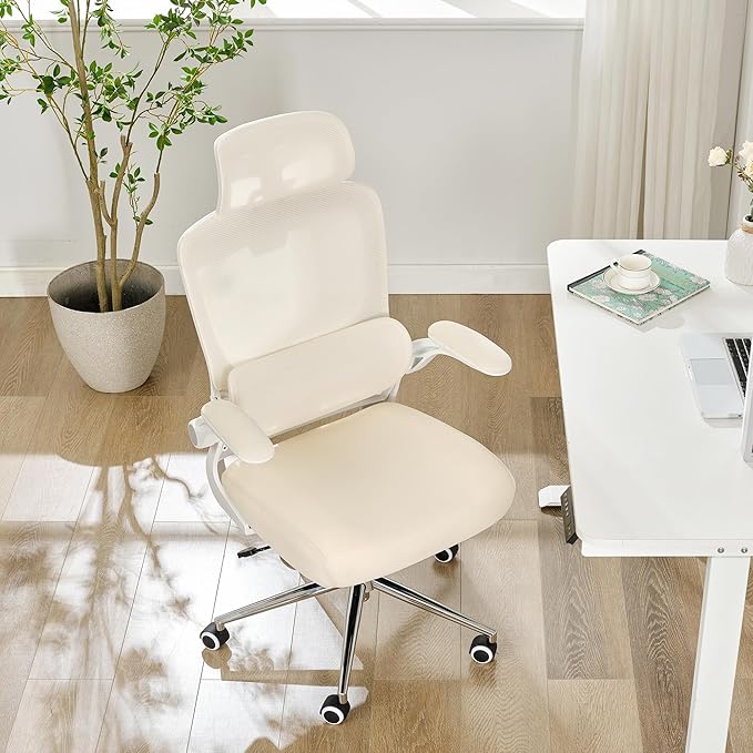 BOWTHY Ergonomic Office Chair,Home Mesh Office Desk Chairs,High Back Chair 330 LBS,Swivel Computer Task Chair with Adjustable Lumbar Support,Up&Down Flip-Up Arms,Rocking Function (Beige)