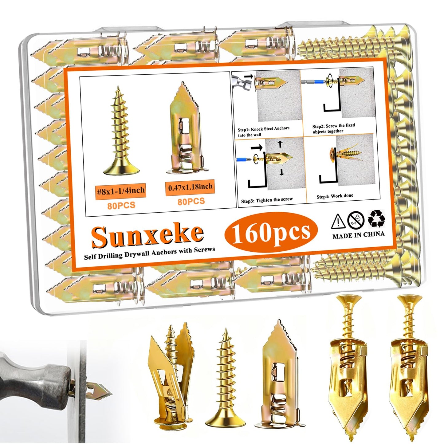 Sunxeke 160Pcs Self Drilling Drywall Anchors for Christmas Decor,80 Sheetrock Anchors & 80 Zinc Expansion Screws,No Drill Needed Wall Anchors with Screws,Hold Up to 66lbs for Picture Frame,Shelves