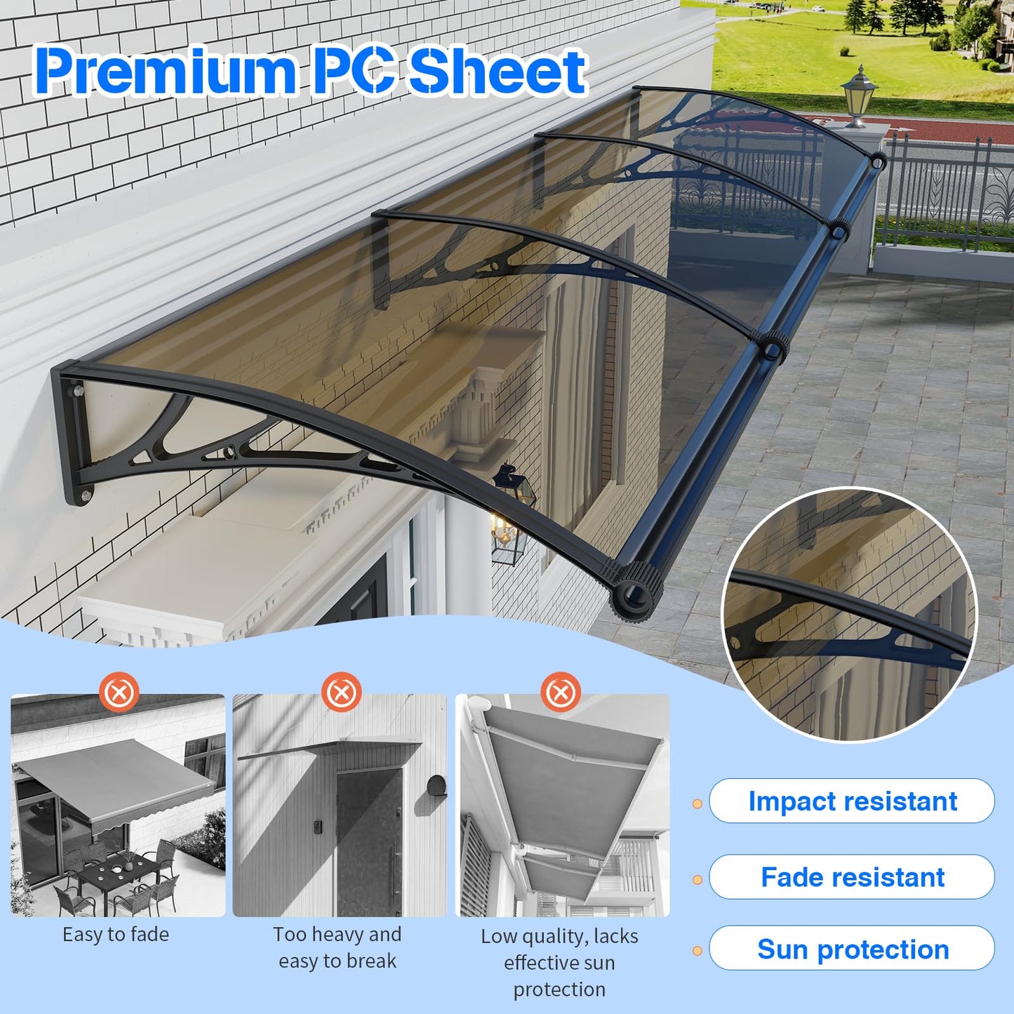 Awning for Door Entrance,40x120 inch Awnings for Doors with Separate Drainage,Front Door Awning Exterior,Polycarbonate UV, Rain, and Snow Protection for Porch,Patio,Window,Deck