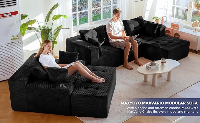 MAXYOYO Modular Sectional Sofa Couch and Chaise Lounge, L Shaped Modern Cloud Couch with Ottoman, Sofa in A Box, Tufted Boneless Sleeper Chair with Deep Seating, No Assembly Required, Black