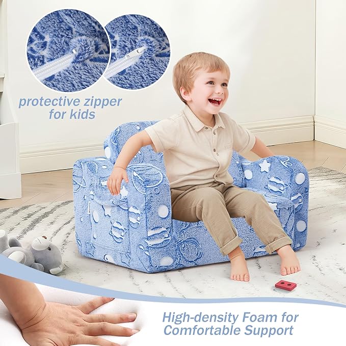 MeMoreCool Toddler Sofa Bed – Glow-in-The-Dark Astronaut Chair for Kids, 2-in-1 Fold-Out Lounger (Denim Planet) Soft Foam | Machine Washable Cover | Ages 1–3 | Playroom & Nursery Nap Couch