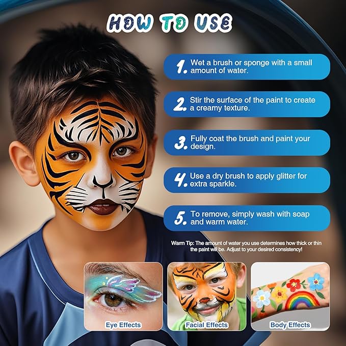 Halloween Party Face Painting Kit for Kids - 42 Colors Professional Face Paint Kit,Non-Toxic face Paint With Stencils, Brush, Gems. For Carnival, Halloween, Costume Makeup and Any Creative Activity