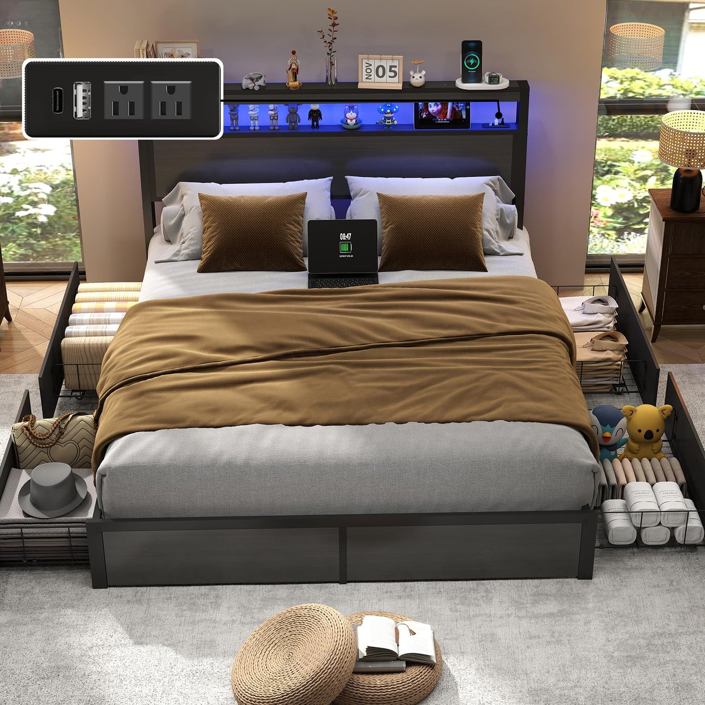 EVBFORU Queen Bed Frame with Storage Headboard and 4 Drawers, Metal Platform Bed Frame with LED Light, Charging Station, No Box Spring Needed, Noise Free, Easy Assembly, Rustic Grey