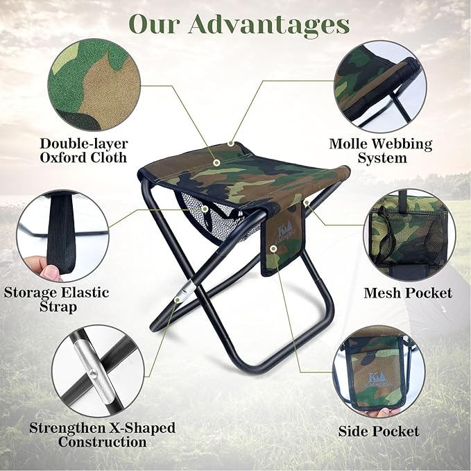 K-MingleSo Upgraded 13 Inch Portable Folding Camping Stool with Side Pocket Mesh Pocket and Molle System, Lightweight Foldable Stool for Adults Gardening Travel BBQ Fishing with Carry Bag[Camo]