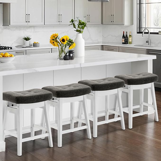 RNKSFX Counter Height Bar Stools Set of 4 for Kitchen Counter Farmhouse Modern Barstools with Faux Leather Upholstered Backless Seat and Solid Wood Legs 24 inch Bar Chairs, Grey + White