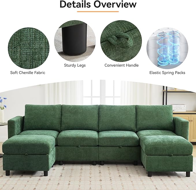 WUTUTUEE 58”Modular Sectional Loveseat Sofa with Storage, Comfy Office L Shaped Sofa Couch, Chenille Love Seat Modular Sectional Couch with Movable Ottoman for Living Room, Bedroom, Dark Green