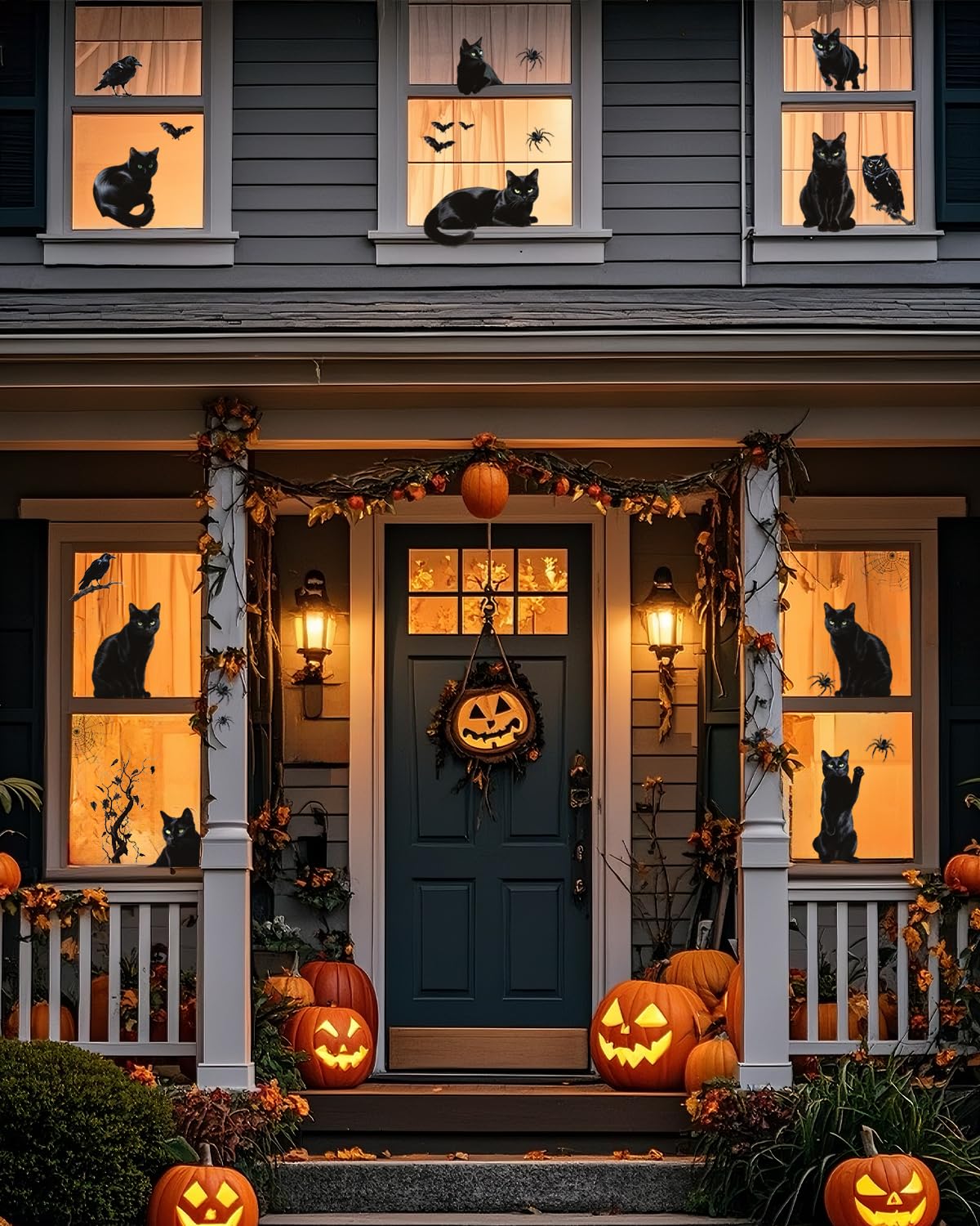ALKB Halloween Window Clings Stickers - Halloween Window Decorations with Scary Spider Web Black Bat & Cat, Reuseable Double Sided Halloweens Static Clings for Home Decals