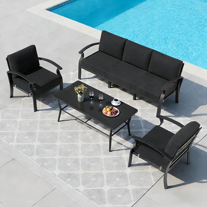 RTDTD Aluminum Outdoor Patio Furniture Set,5 Seats Patio Conversation Sets with Rectangular Coffee Table,Metal Patio Sectional Furniture Set with 5.1" Thickened Cushions,Black