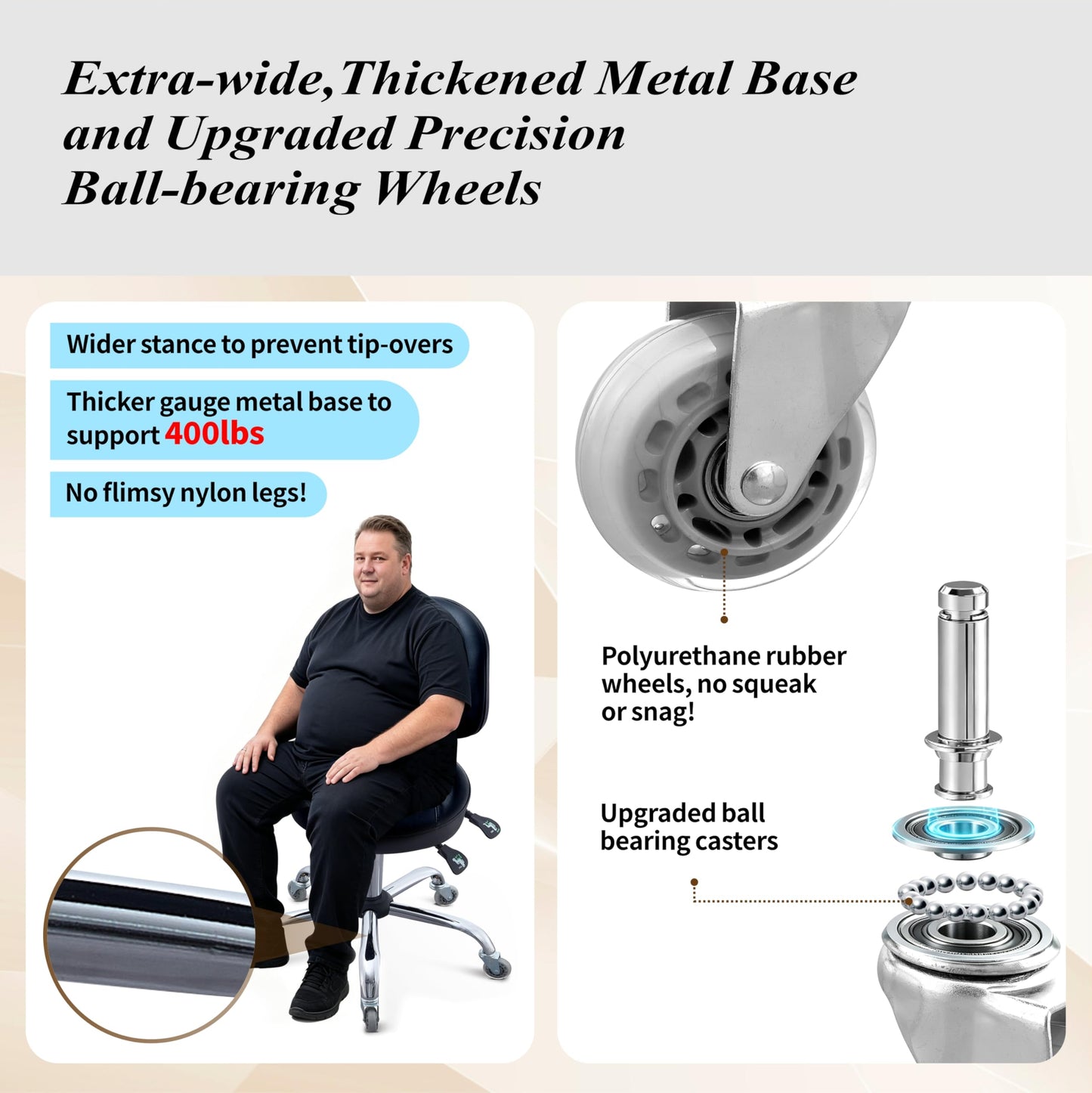 Saddle Stool with Adjustable Lumbar Support - Heavy Duty 400LB Hydraulic Rolling Stool Chair with Backrest, 19"-25" Height Adjustable with Quiet Wheels for Salon, Dental, Tattoo, Massage, Home Office
