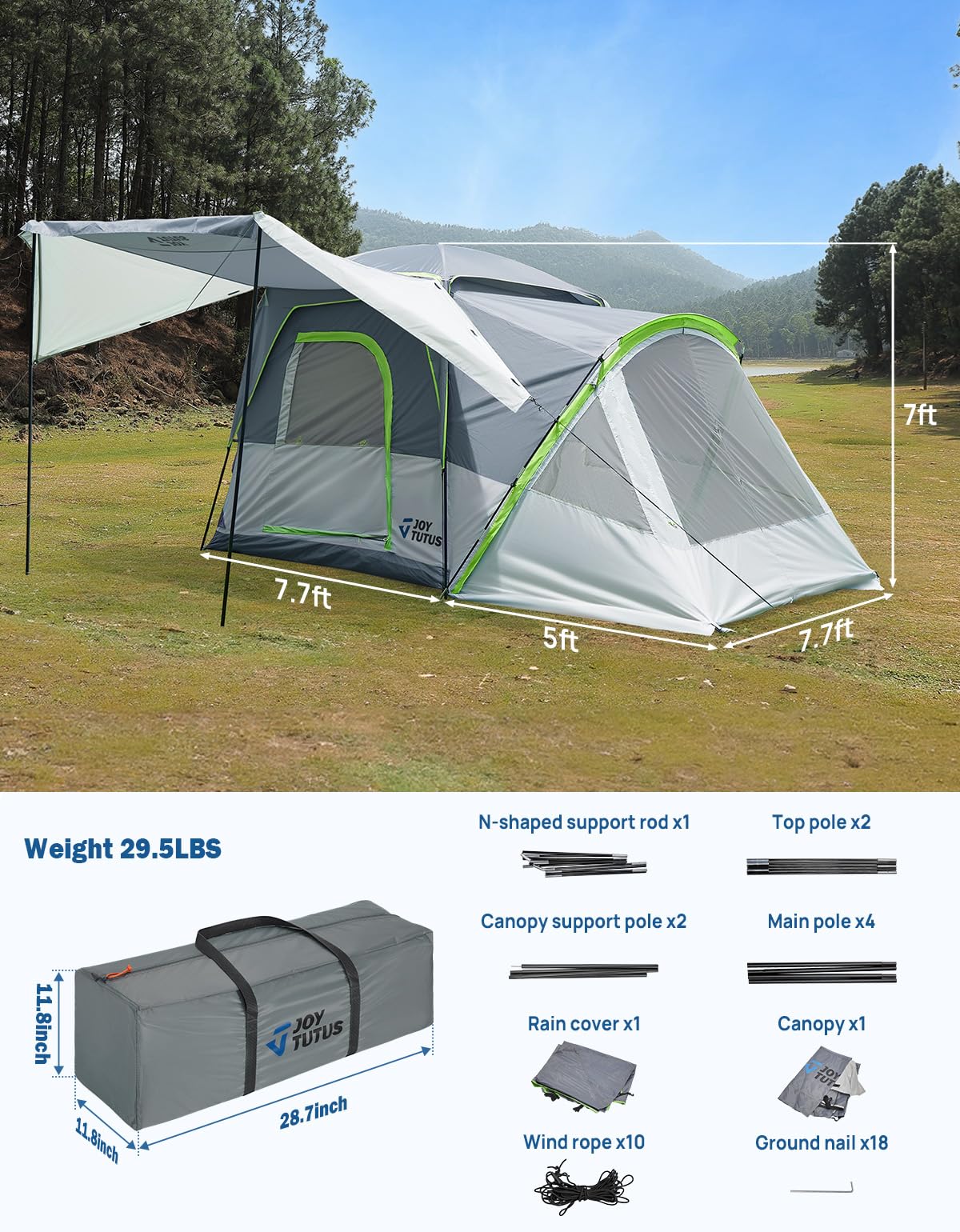 JOYTUTUS SUV Tent with Screen Porch, Rainfly and Awning for Family Camping, 60% More Space Car Tent for 5-9 Person, Dual-Use Camping Tent with 2 Rooms, Double Door, Starry Sky Roof, Gray Green