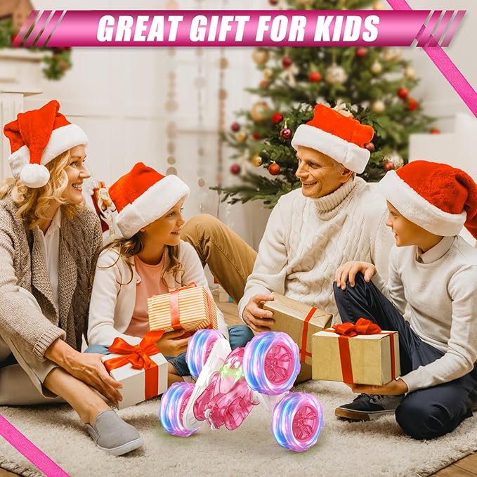 Pink Remote Control Car for Girls Rechargeable Fast Direct Charging RC Cars For Kids with Colorful Light,Double-Sided 360° Rotating Stunt Car 4WD RC Truck Toys for Ages 5-7 Gift for Girls Aged 6-12