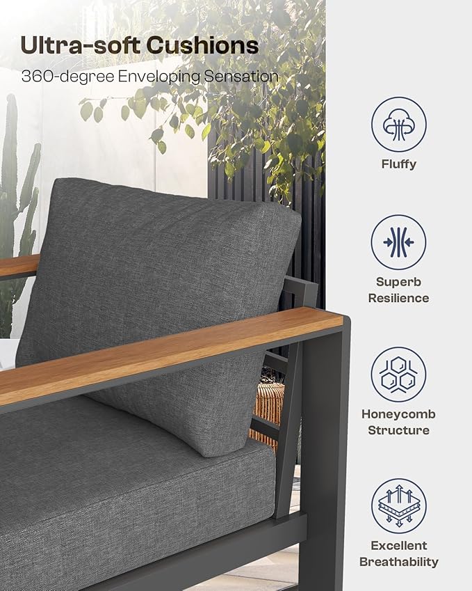 Oasbira Aluminum Outdoor Patio Furniture, 3 Seats All-Weather Outdoor Patio Sofa with Washable Thick Cushion, Patio Sofa Couch for Porch, Balcony, Deck, Yard, Graphite