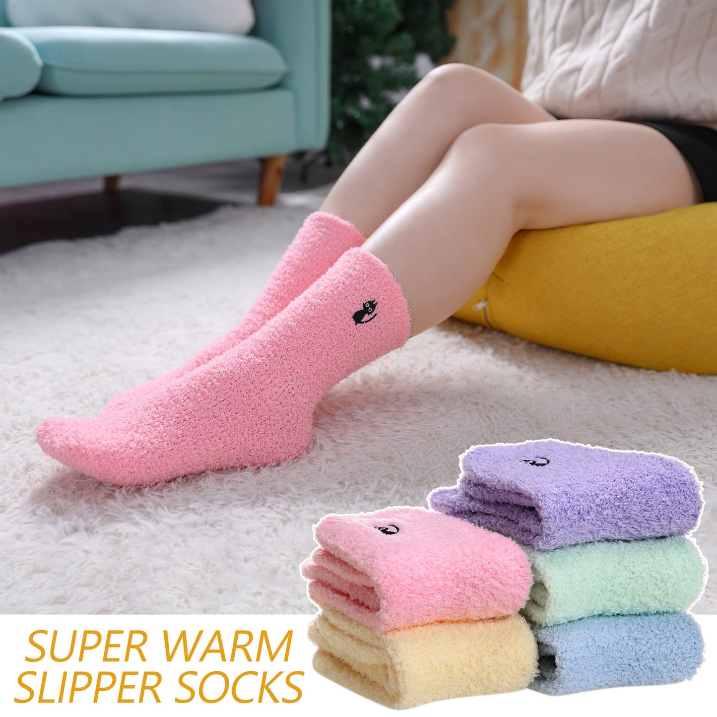 MQELONG Womens Super Soft Fuzzy Cozy Home Sleeping Socks Microfiber Winter Warm Slipper Socks (5 Pairs Cat)