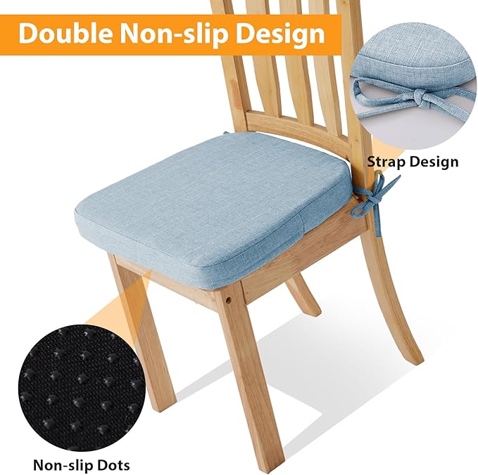Ruqmuis Chair Cushions for Dining Chairs, 2" Thick Seat Cushions for Kitchen Chairs, D-Shaped Chair Pads with Washable Cover, Ties and Non Slip Backing, 17'' x 16'', Set of 4, Light Blue