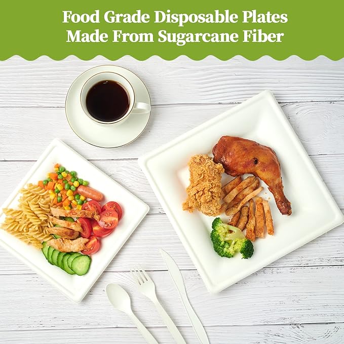 ECOLipak 120 Pack Compostable Paper Plates, 10 inch and 8 inch Heavy Duty Eco friendly Sugarcane Biodegradable Disposable Square Plates for Party Dinner Birthday