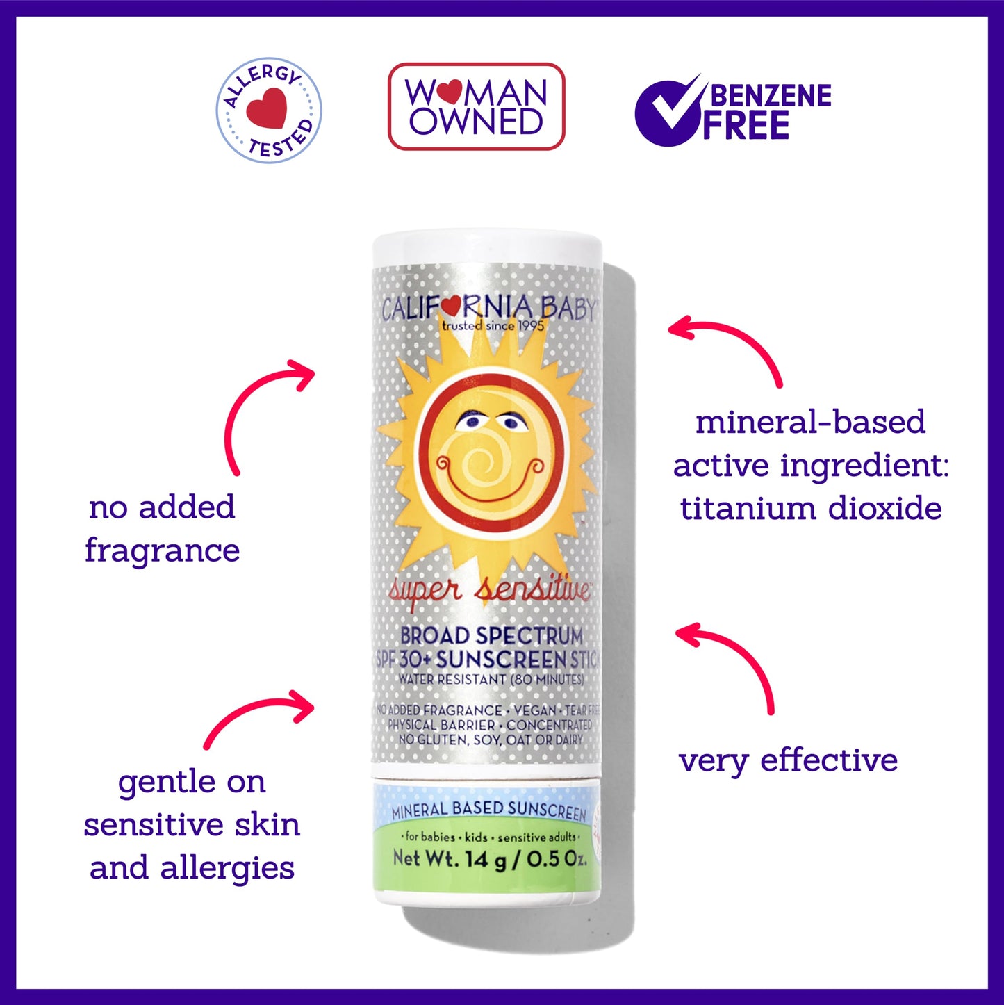 California Baby Super Sensitive SPF 30+ Sunscreen Stick | Broad Spectrum | Unscented Hypoallergenic Mineral Sunscreen | Titanium
