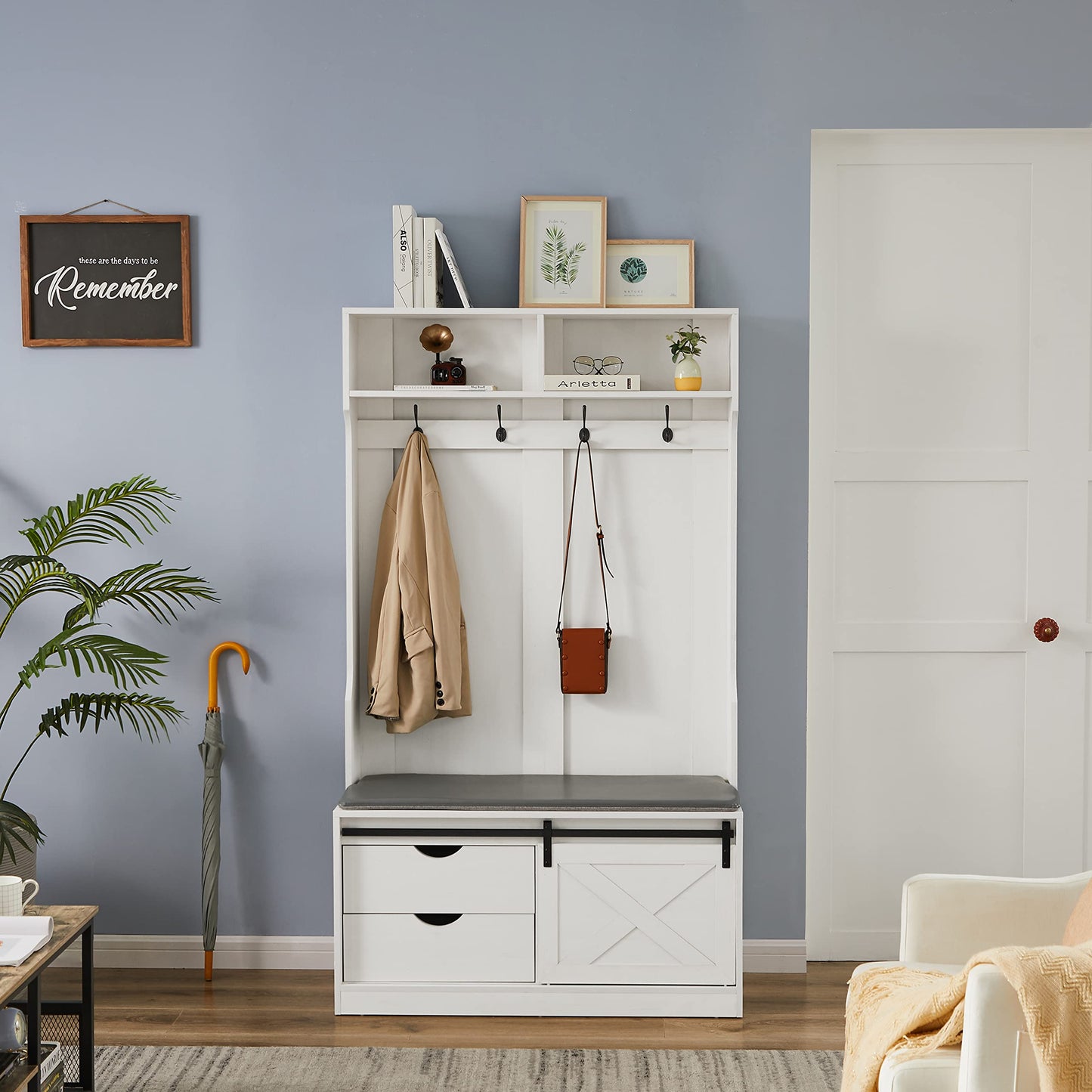 Betoko 71 Inch Entryway Bench with Sliding Barn Door, Hall Tree with Coat Rack and Storage Bench, Wood Coat Tree with Cushioned Stool and Hooks for Hallway, Living Room, Mudroom (White)