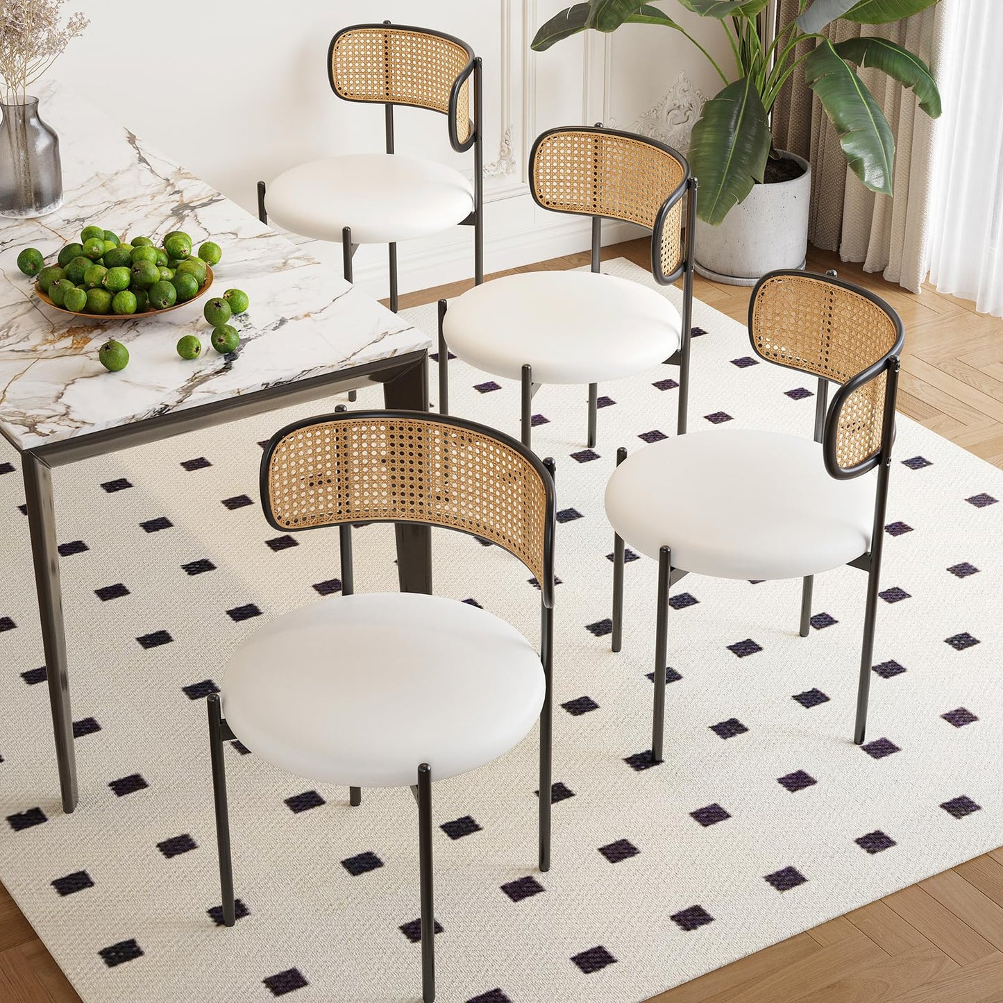 Farini Dining Chairs Set of 4, PU Leather Upholstered Seat with Woven Rattan Back, Sturdy Metal Legs Modern Side Chairs for Kitchen Living Room Restaurant, Beige