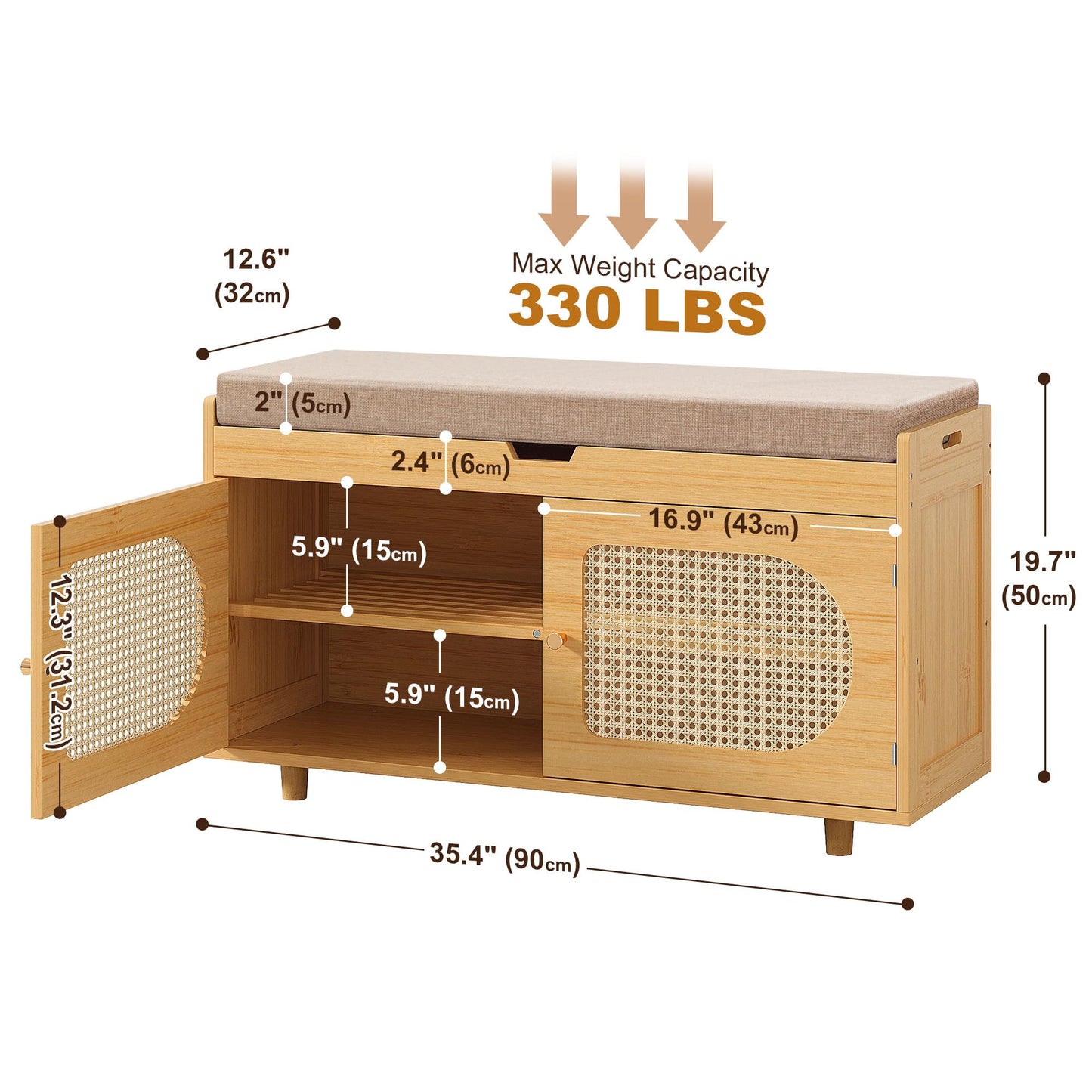 PETKABOO Rattan Shoe Storage Bench,Bamboo Entryway Bench, 2-Tier Shoe Rack,35.4" W x 12.6" D x 19.7" H with 2 Doors & Padded Seat Cushion for Entryway, Living Room, Bedroom, Natural