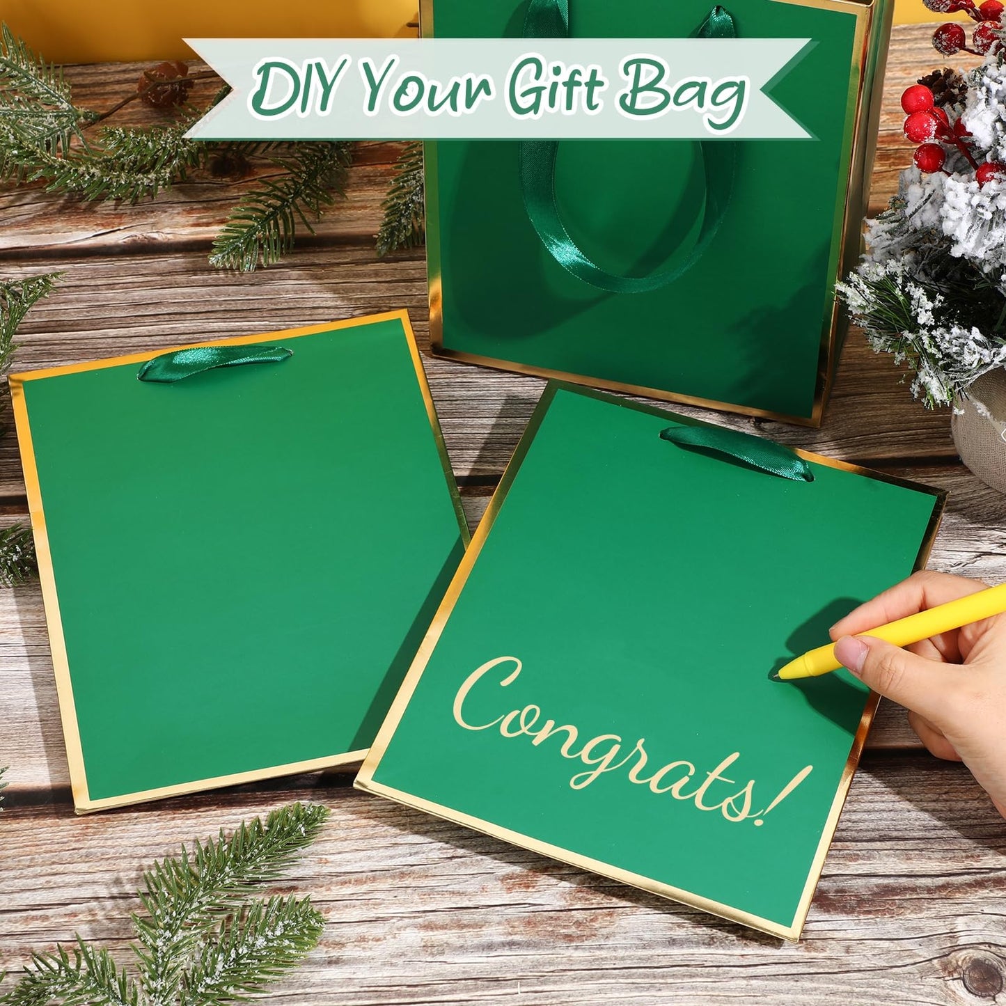 Yeaqee 24 Pack Metallic Paper Gift Bags with Handle and Tissue 9x7x3.1 Gold Foil Welcome Favor Bags Return Gifts for Wedding Fall 5 Senses Christmas Bridesmaid Birthday(Green Gold)