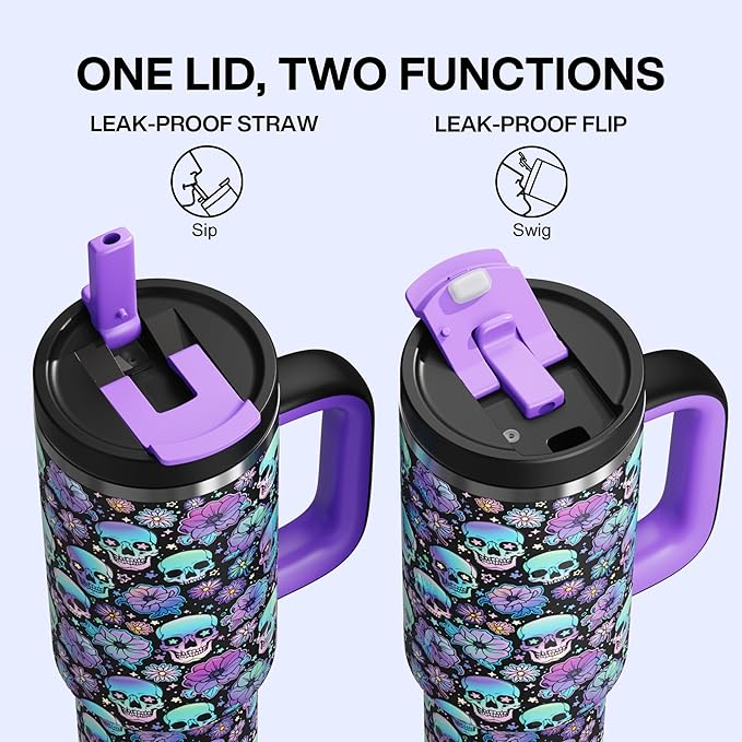 ENCOOL 40 oz Tumbler with Handle and Straw: Stainless Steel Insulated Tumbler Keeps Cold for 24 Hours, Leakproof Travel Cup Fits in Cup Holder and BPA-Free, Floral Afterlife