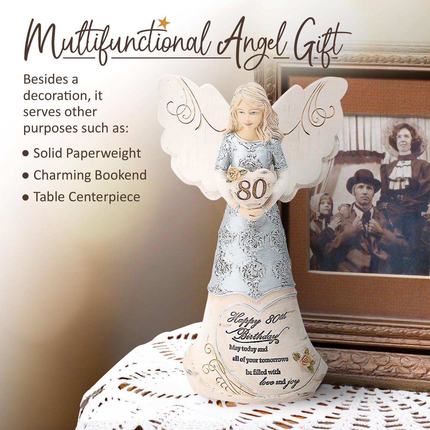 Pavilion 'Happy 80th Birthday' 82475 Elements Angels - Polyresin Birthday Angel Figurine - Silver Hand-Painted Remembrance and Keepsake Gift Angel for Grandmothers, Mothers, Aunts, Friends, Women