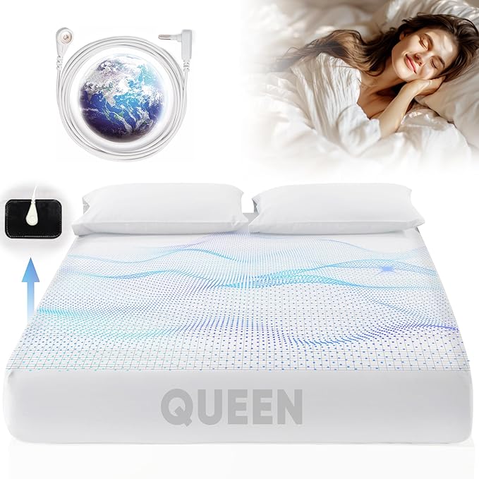Grounding Sheet Queen Size - 95% Organic Cotton + 5% Pure Silver Fiber, Earth Connected Bedding (60"x 80"x 13" White) Fitted with Cord