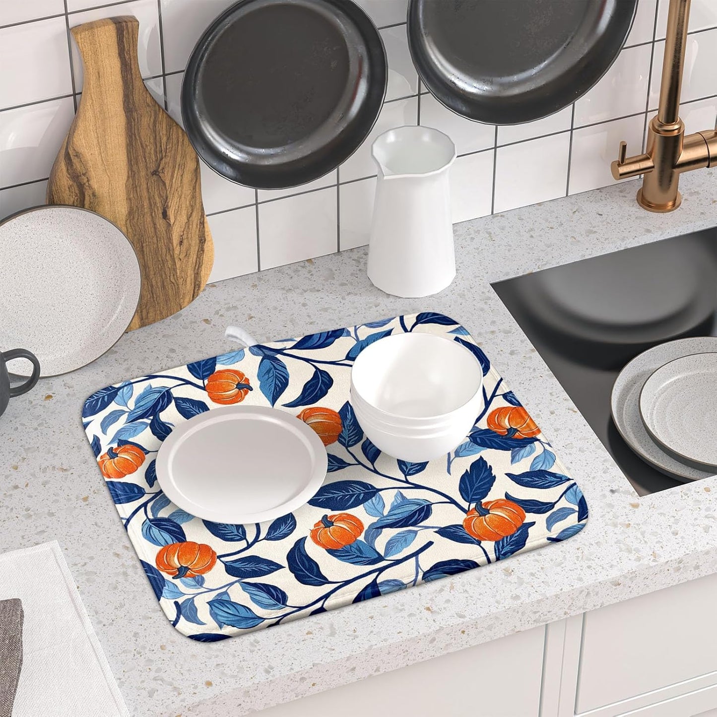 Autumn Pumpkin Dish Drying Mat for Kitchen Counter 16x18 Inch Blue and Orange Fall Thanksgiving Leaf Absorbent Reversible Microfiber Dish Drainer Rack Mats Countertops Protector Mat