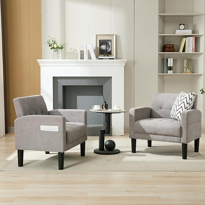 TYBOATLE Accent Chair Sets of 2 Living Room Chairs Cozy Tufted Mid Century Modern Chairs with Arms for Bedroom Comfy Reading Arm Chair Small Chairs for Small Spaces Living Room Office (2, Light Grey)