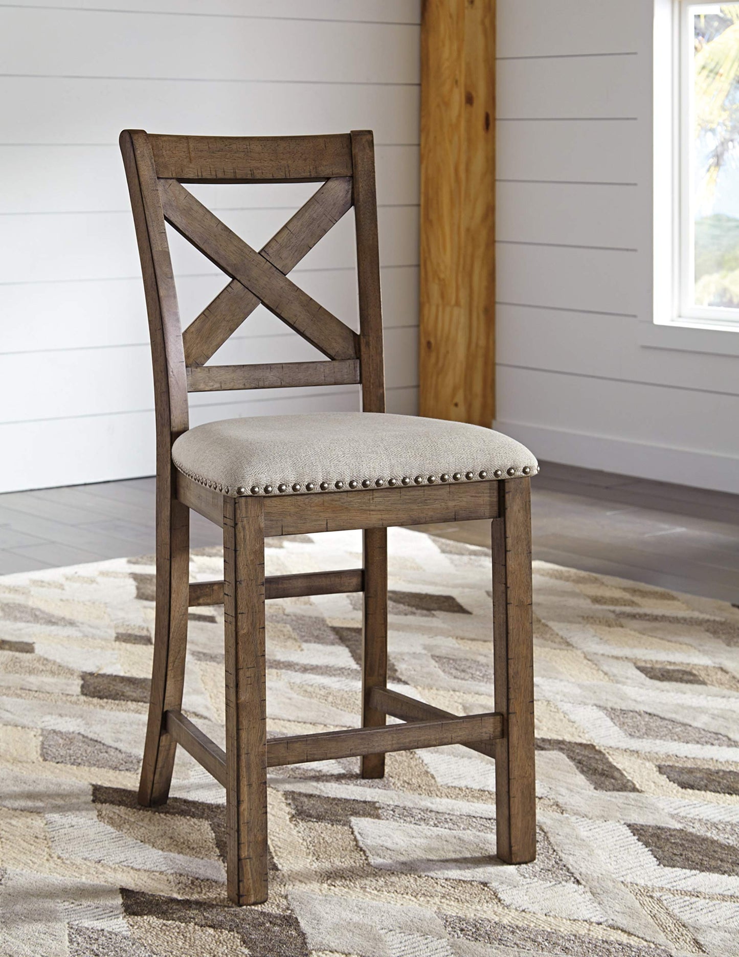 Signature Design by Ashley Moriville Rustic Farmhouse 24.5" Upholstered Barstool, 2 Count, Beige & Brown