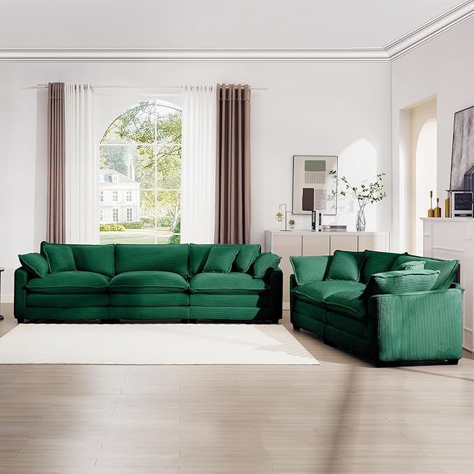 mikibama Luxury 2 Piece Sofa Set, 3-Seater & Loveseat Couch Set, Modern Corduroy Comfy Cloud Couches Set for Living Room Office with 4 Armrest Pillows and 5 Toss Pillows, Green