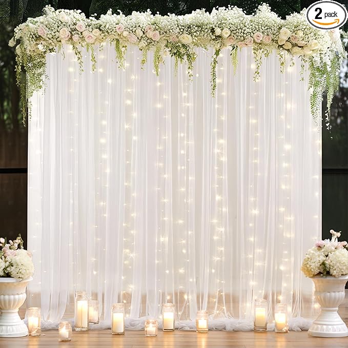 10×8ft White Tulle Curtain Backdrop with Lights String for Parites, Sheer Backdrop Curtain Drapes for Wedding Photo Baby S...
