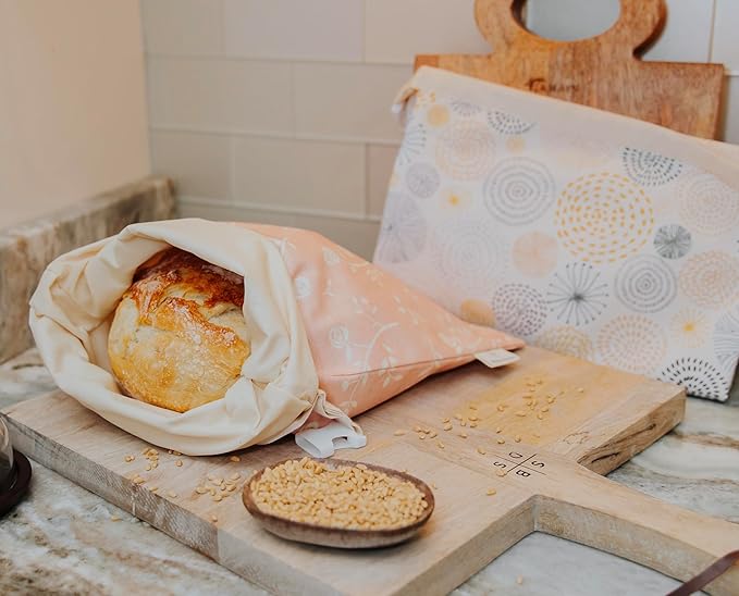 Reusable Beeswax Bread Bag 2 Pack –12x17 Bread Bag for Homemade Sourdough, Beeswax Coated Organic Cotton Storage Bag for Loaf Baguette, Freezer Safe, Eco-Friendly Wrap Spiral Blossoms