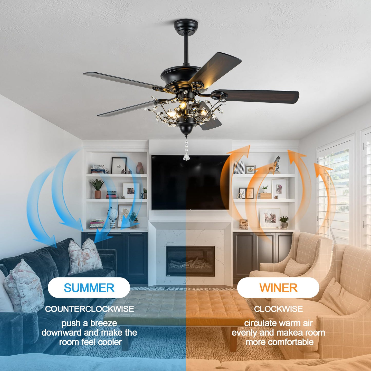 Oaks Aura 52 Modern Crystal Chandelier Ceiling Fans With Lights, Gorgeous Reversible Motor And 6 Speed Ceiling Fan Light Fixtu