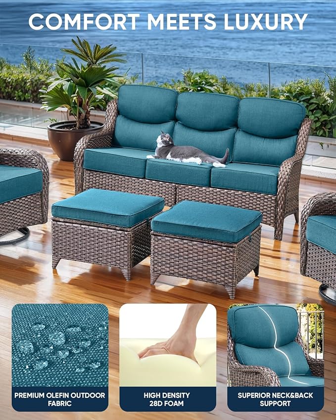 ACTREST Luxury 22x24/22x25 6-Inch Smile Outdoor Sofa Cushions Set of 3 - Comfy Deep Seat Patio Furniture Cushions for Wicker Dining Chair Loveseat 3-Seater L-Shape Sectional Sofa - Peacock Blue