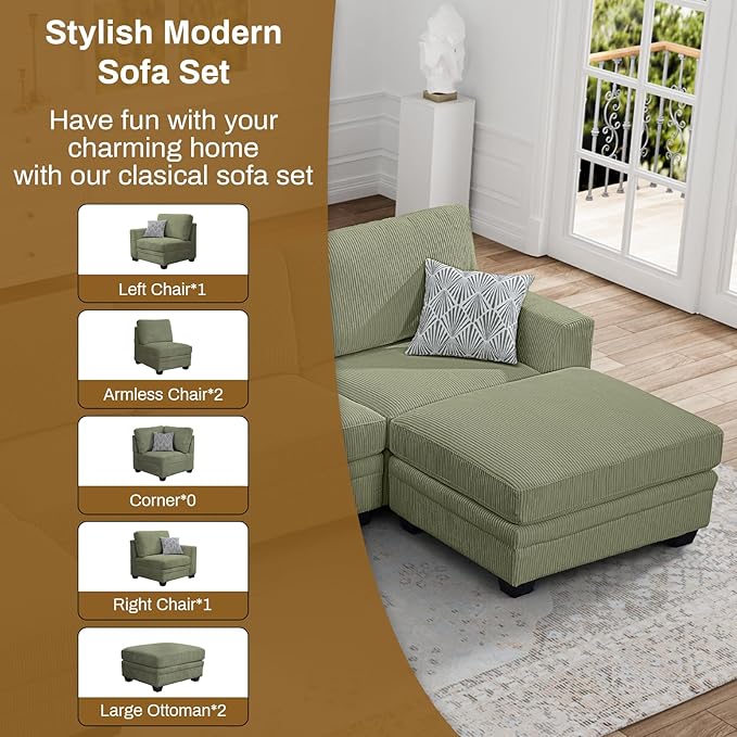 Legend Vansen Oversized Modular Sectional Sofa,6 Seat U Shaped Couch with Ottoman,Corduroy Sofa with Deep Seat,Convertible Large Sectional Couches for Living Room(Olive, U-6)