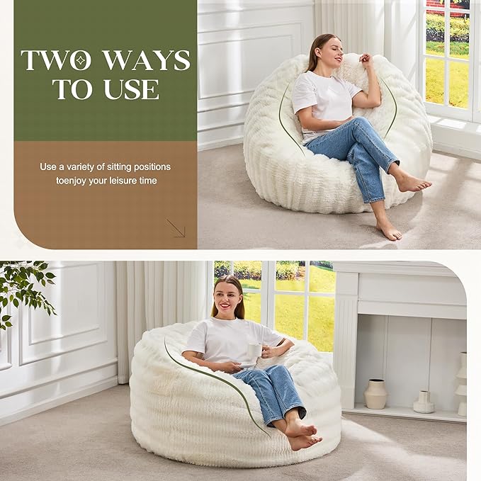 Hobestluk Bean Bag Chairs Beanbag Chair with Filler Adult Bean Bags with Fluffy Ripple Cover, Giant Bean Bag Chairs for Adults (White, 3FT - 36" x 36" x 22")
