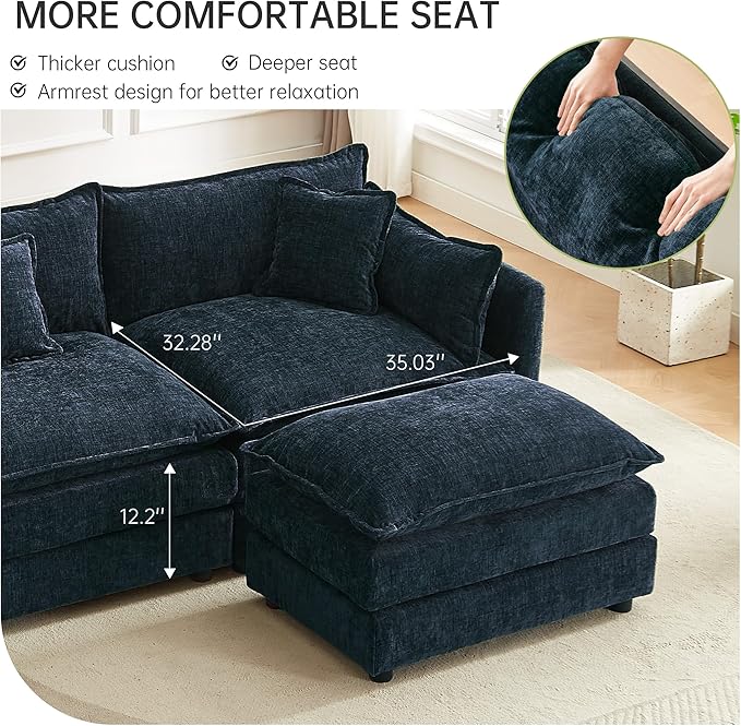 saows Modular Sectional Sofa, 147.2 Inch U Shaped Couch Set with Armrests, 4-Seater Comfy Cloud Couches with Movable Ottoman for Living Room Apartment, Blue